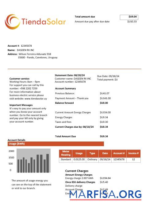 Realistic Uruguay TiendaSolar business utility bill template in Word and PDF formats